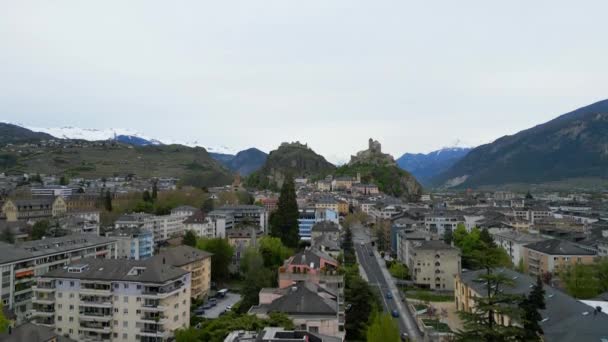 Město Sion Švýcarsku Také Volal Sitten Shora Letecký Pohled Dronem — Stock video