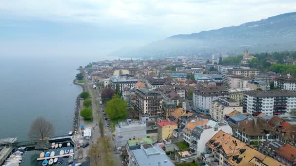 Miasto Vevey Szwajcarii Góry Widok Lotu Ptaka — Wideo stockowe