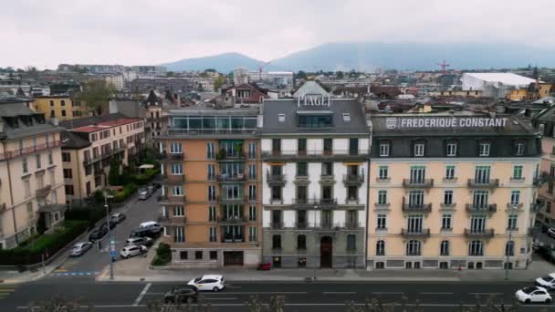 Μεγάλα Εμπορικά Σήματα Στην Πόλη Της Γενεύης Geneva Ελβετια Ευρωπη — Αρχείο Βίντεο