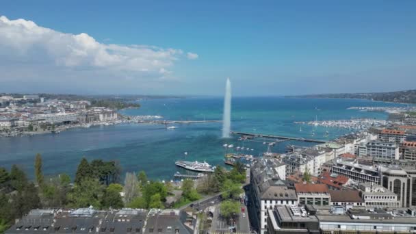 Πόλη Της Γενεύης Στην Ελβετία Λίμνη Leman Εναέρια Θέα Drone — Αρχείο Βίντεο