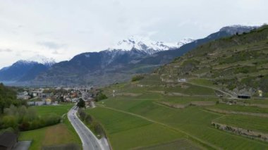Valais, İsviçre 'deki üzüm bağları - İHA' dan hava manzaralı