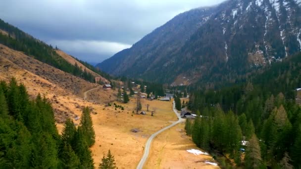 Strada Solitaria Attraverso Una Valle Nelle Alpi Austriache Vista Aerea — Video Stock