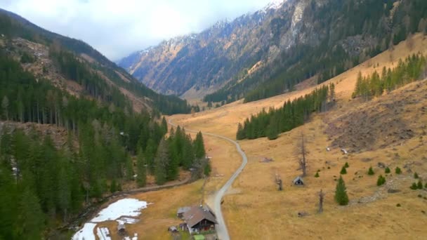 Eenzame Straat Door Een Dal Oostenrijkse Alpen Luchtfoto Reizen — Stockvideo