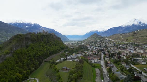 Valere Castle City Sion Switzerland Air View Drone — Stock video