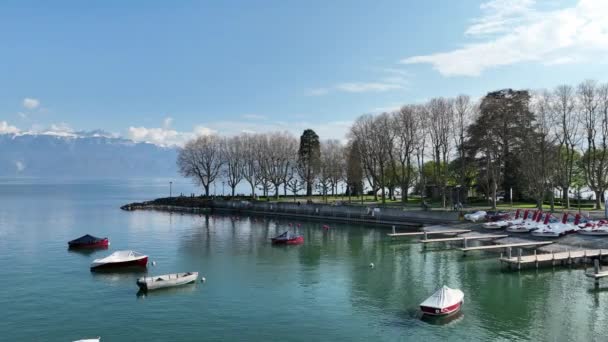 Riviera Van Lausanne Ouchy Van Bovenaf Vanuit Lucht Bekeken Door — Stockvideo