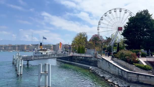 Ferrisovo Kolo Jezera Leman Ženevě Ženeva Švýcarsko Evropa Dubna 2023 — Stock video
