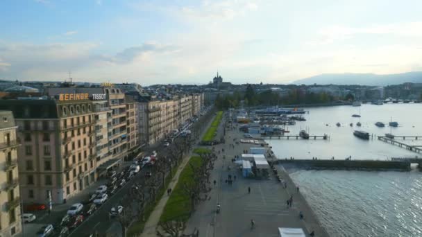 Zburând Peste Promenada Malul Lacului Din Geneva Geneva Switzerland Europe — Videoclip de stoc