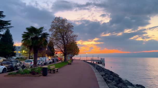 Hermosa Puesta Sol Sobre Lago Leman Suiza Lausanne Suiza Europa — Vídeos de Stock
