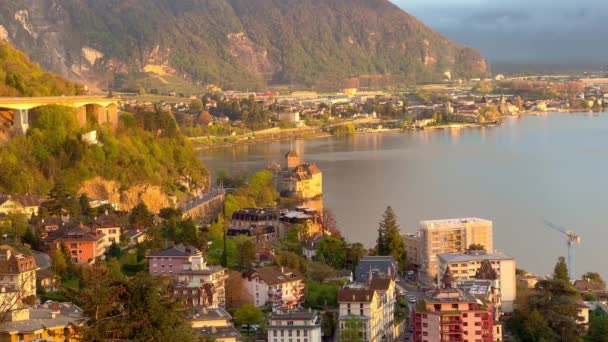 Sviçre Nin Montreux Şehrinde Gün Batımı Sviçre Seyahat Fotoğrafçılığı — Stok video