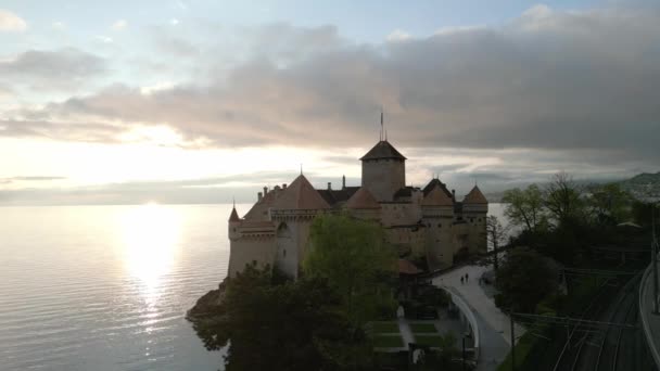 Hrad Montreux Chillon Při Západu Slunce Montreux Švýcarsko Evropa 2023 — Stock video