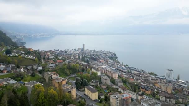 Stad Montreux Aan Het Meer Van Leman Van Bovenaf Vanuit — Stockvideo