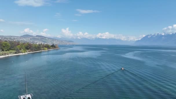 Flug Über Den Genfersee Der Schweiz Einem Sonnigen Tag Luftaufnahme — Stockvideo