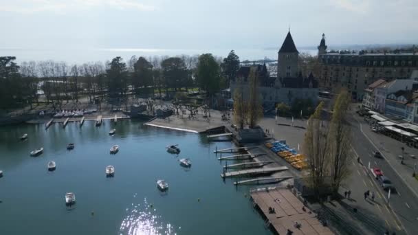 Lausanne Ouchy Van Bovenaf Vanuit Lucht Bekeken Door Drone — Stockvideo