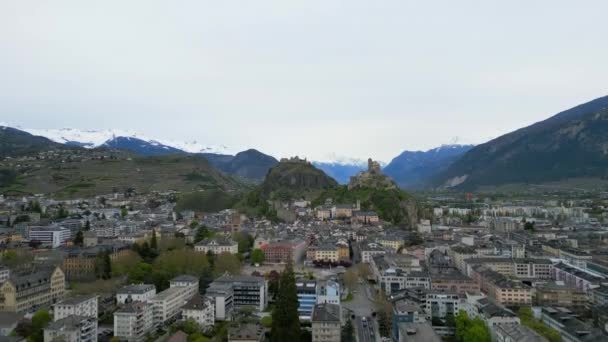 Сьон Называется Ситтен Швейцарии Вид Воздуха Помощью Дрона — стоковое видео