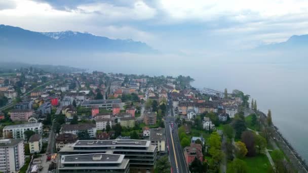 Cidade Vevey Suíça Cima Vista Aérea Por Drone — Vídeo de Stock