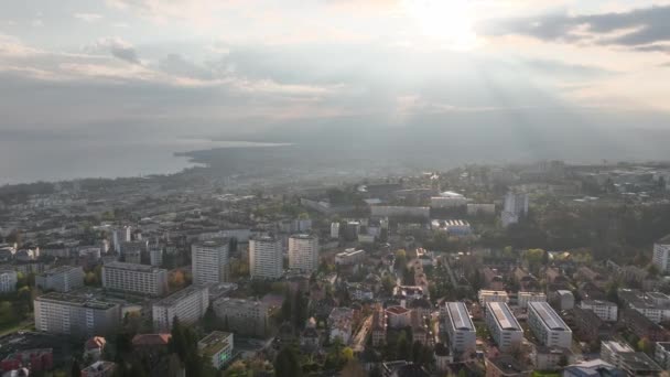 Stadt Lausanne Der Schweiz Abend Luftaufnahme Drohne — Stockvideo