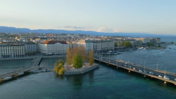 Město Ženeva Švýcarsku Jezerem Leman Letecký Pohled Dronem — Stock video