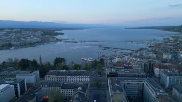 Ciudad Ginebra Desde Arriba Vista Nocturna Vista Aérea Por Dron — Vídeos de Stock