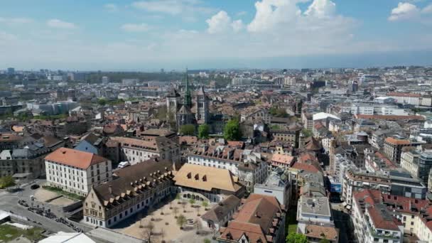 从以上全景看瑞士日内瓦市 无人驾驶飞机的空中景观 — 图库视频影像