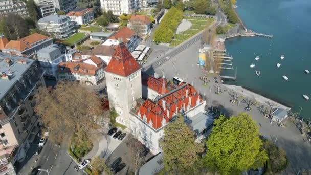 Kasteel Ouchy Lausanne Van Bovenaf Vanuit Lucht Bekeken Door Drone — Stockvideo