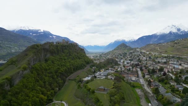 Valere Castle Byen Sion Sveits Utsyn Fra Luften Drone – stockvideo