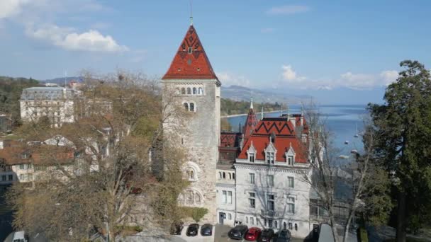 Ouchy Castle Lausanne Aerial View Drone — Stock Video