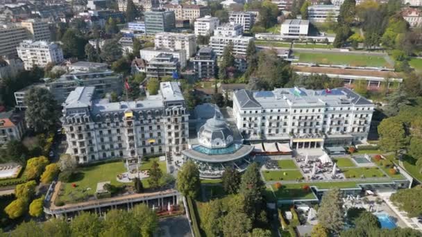 Beau Rivage Palace Hotel Lausanne Luchtfoto Met Drone — Stockvideo