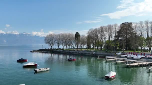 Riviera Της Lausanne Ouchy Από Ψηλά Εναέρια Άποψη Από Drone — Αρχείο Βίντεο