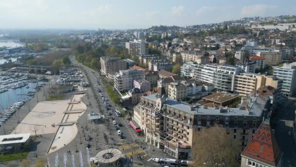 Lausanne Városa Egy Napsütéses Napon Légi Felvétel Drónnal — Stock videók