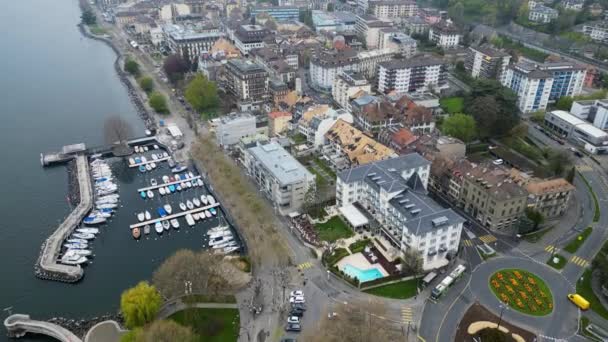 Lakeside Marina Bij Vevey Zwitserland Vanuit Lucht Bekeken Door Drone — Stockvideo