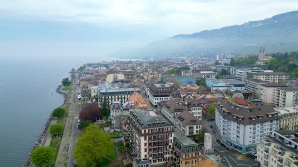 Stad Vevey Zwitserland Van Bovenaf Vanuit Lucht Bekeken Door Drone — Stockvideo