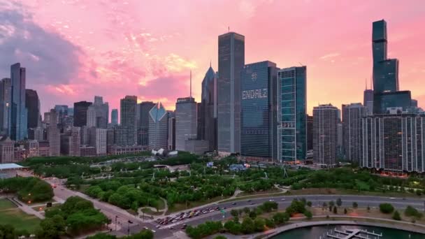 Schöne Abendsicht Über Chicago Downtown Luftaufnahme Über Die Stadt Luftaufnahmen — Stockvideo