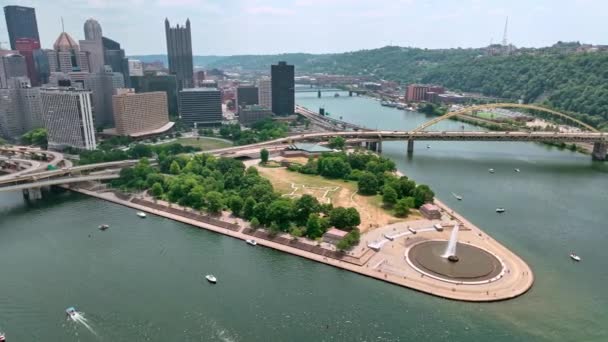 Point State Park Pittsburgh Výše Uvedeného Leteckého Výhledu Město Pittsburgh — Stock video