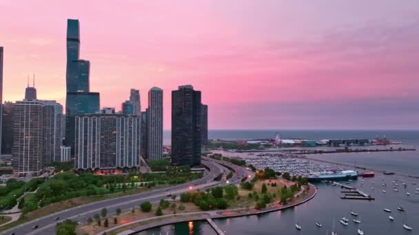 Schöne Abendsicht Über Chicago Downtown Luftaufnahme Über Die Stadt Chicago — Stockvideo