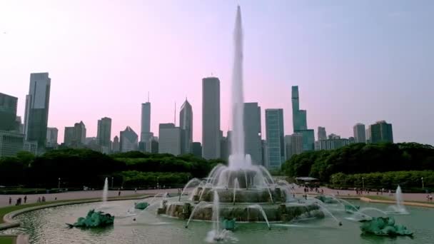 Фонтан Бекингема Парке Чикаго Грант Сверху Аэрофотосъемка Беспилотника — стоковое видео