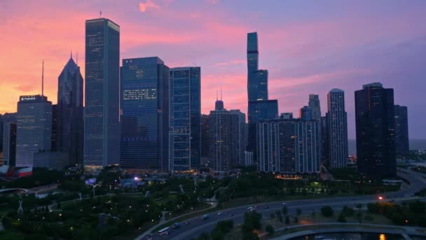 Pôr Sol Incrível Sobre Centro Chicago Partir Cima Fotografia Aérea — Vídeo de Stock