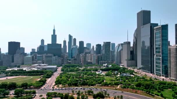 Будівлі Центру Чикаго Парку Мілленіум Аерознімки Дроном — стокове відео