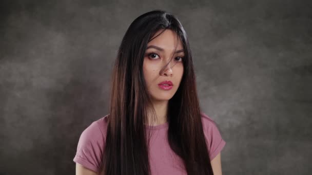 Young Asian Woman Studio Posing Camera Extreme Slow Motion — Video