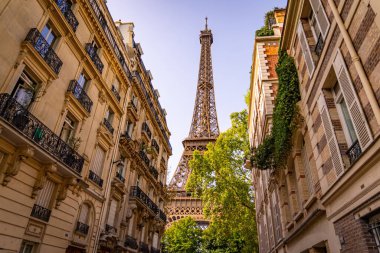 Paris 'teki Eyfel Kulesi' ne güzel bir manzara. Tipik malikaneler arasında. Paris 'te seyahat fotoğrafçılığı.