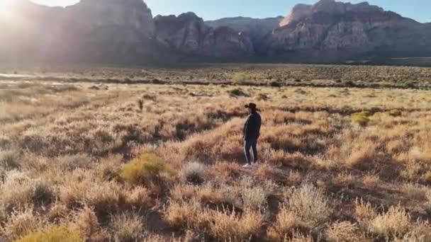 Cowgirl Walking Alone Desert Aerial Photography — Stock Video