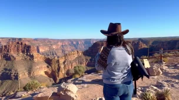 Giovane Donna Sopraffatta Dalla Vista Sul Grand Canyon Fotografia Viaggio — Video Stock