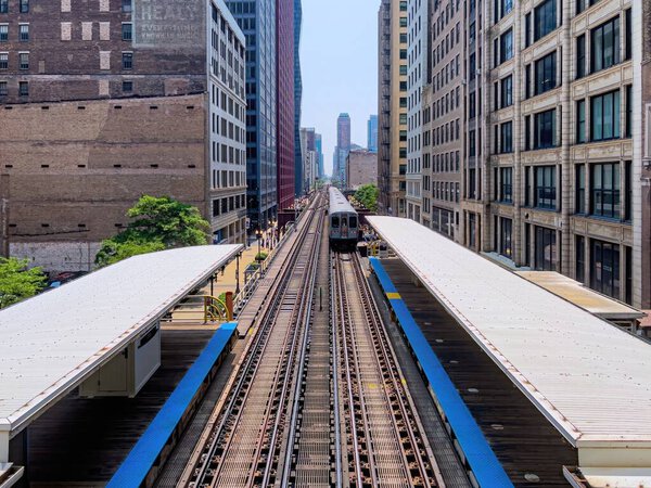 Subway tracks at Adams Wabash Subway station in Chicago - CHICAGO, USA - JUNE 06, 2023