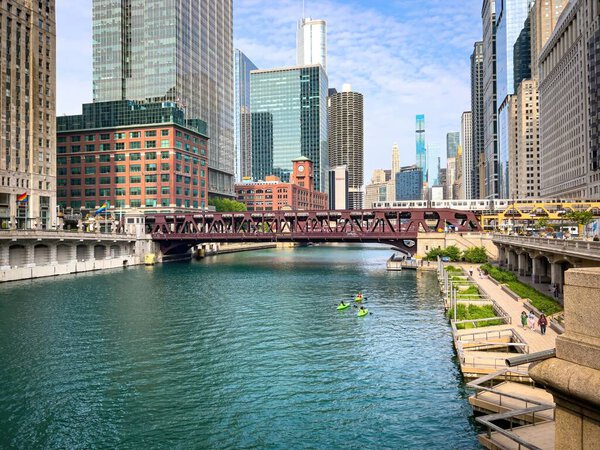 Chicago Riverwalk in downtown - CHICAGO, USA - JUNE 06, 2023