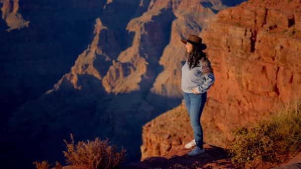Mladá Žena Fascinována Úchvatným Výhledem Grand Canyon Cestovní Fotografie — Stock video