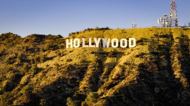 Hollywood sign aerial view - Los Angeles Drone footage - LOS ANGELES, USA - NOVEMBER 5, 2023 clipart