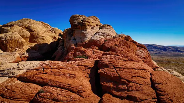 The famous red rocks and beige sandstones at red Rock Canyon - aerial photography