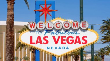 Las Vegas Hoş Geldiniz tabelası ünlü bir yer işaretidir. Seyahat fotoğrafçılığı.