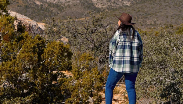 Nuori Nainen Länsi Tyyliin Asu Kävely Red Rock Canyon Nevadan — kuvapankkivalokuva