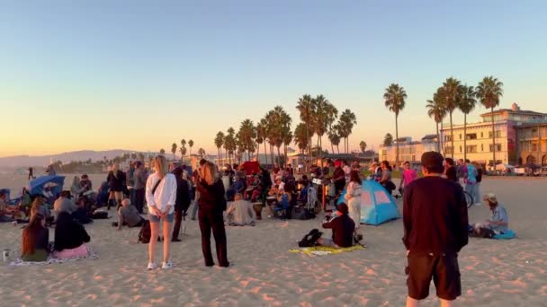 Beach Party Venice Beach Skupinoví Bubeníci Při Západu Slunce Los — Stock video