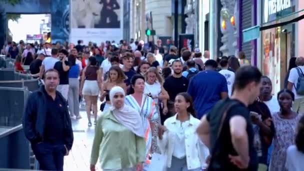 Μεγάλο Πλήθος Ανθρώπων Που Περπατούν Στη Λεωφόρο Champs Elysee Στο — Αρχείο Βίντεο